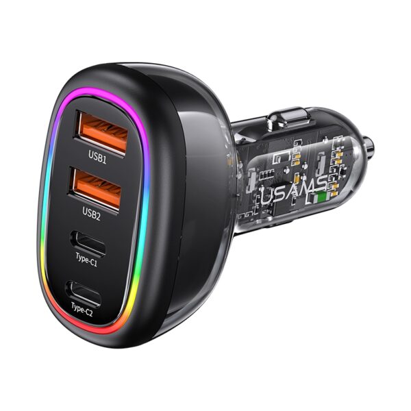 USAMS US-CC169 C34 PD30W+QC3.0 120W 4-port Transparent Car Fast Charger with Colorful Lights