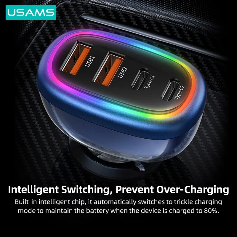 USAMS US-CC169 C34 PD30W+QC3.0 120W 4-port Transparent Car Fast Charger with Colorful Lights