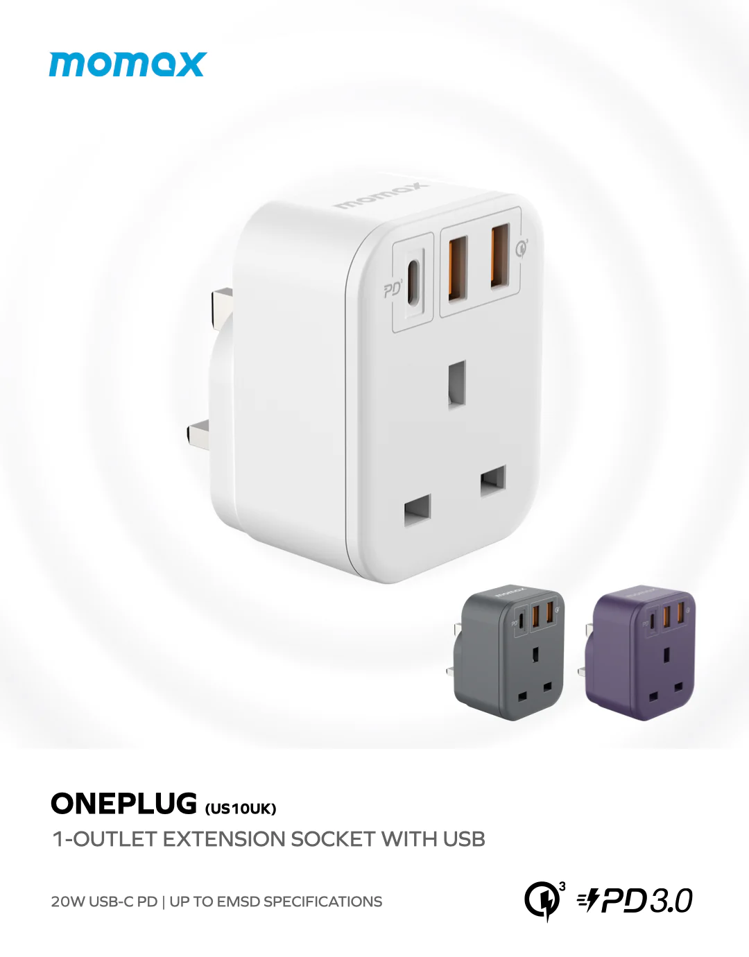 Momax ONEPLUG PD20W Extension Socket With USB Universal Plug (US10UK)