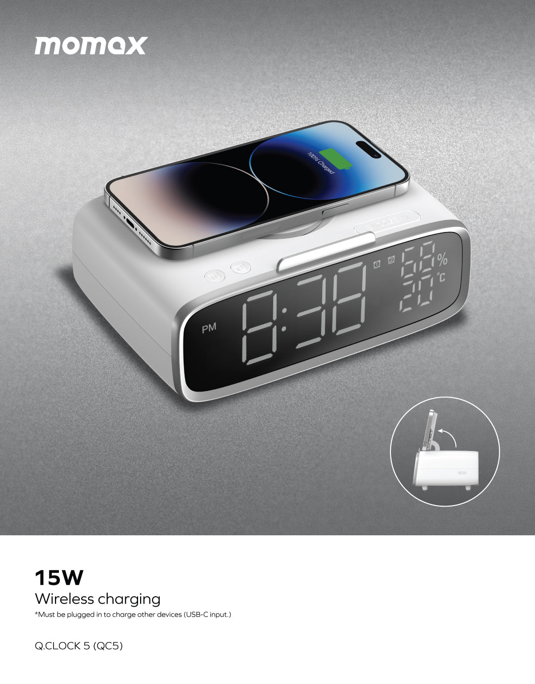 Momax Q.Clock5 Digital Clock with Wireless Charging for iOS / Android QC5