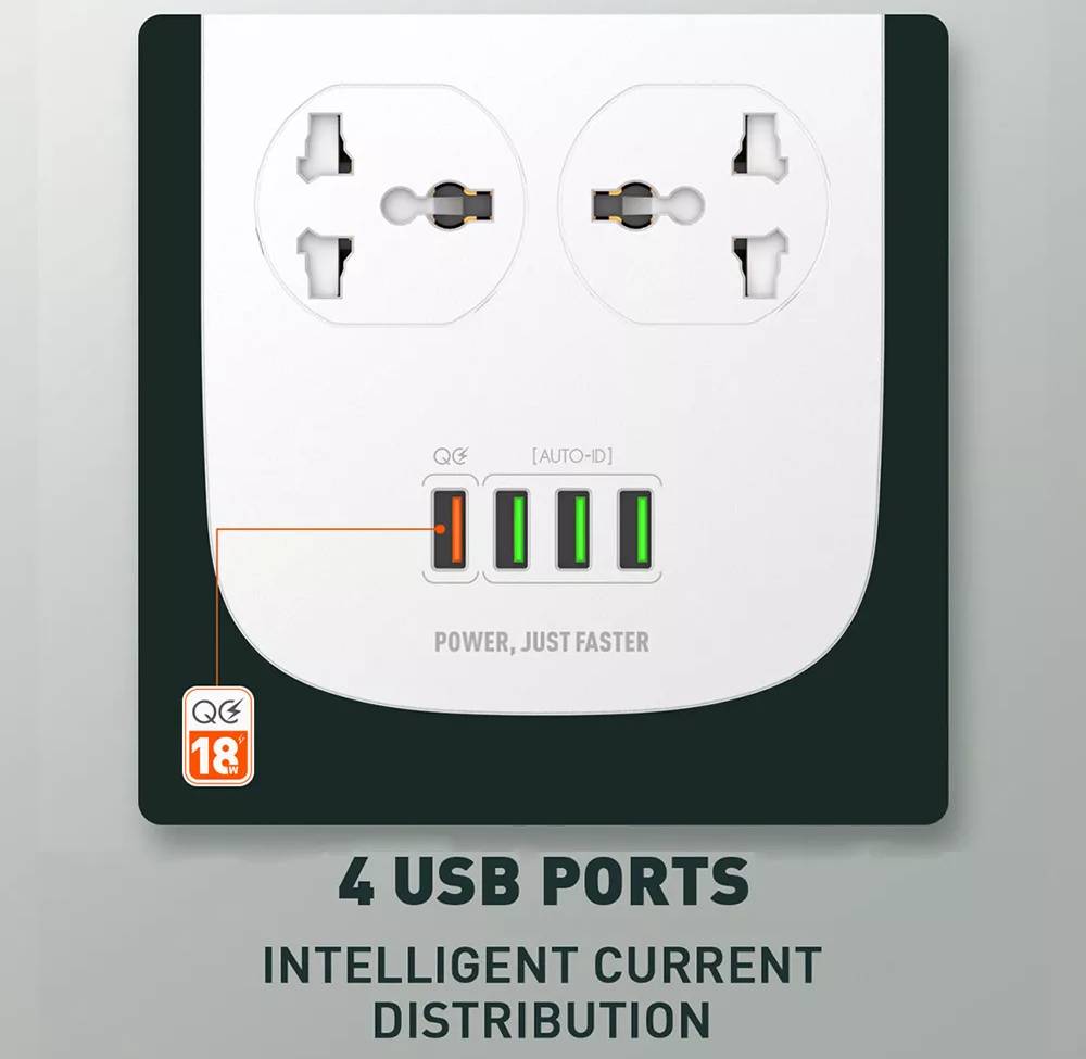 LDNIO SC4407 Power Socket 4 USB Charger with 2m Power Extension Cord