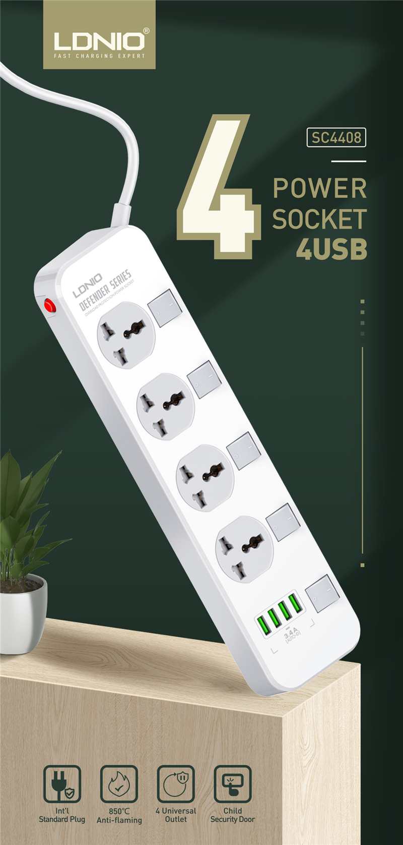 LDNIO SC4408 DEFENDER SERIES 4 Power Socket 4 USB 3.4A 2500W Power Strip