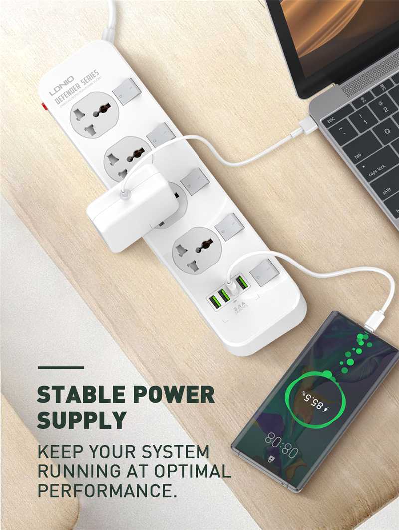 LDNIO SC4408 DEFENDER SERIES 4 Power Socket 4 USB 3.4A 2500W Power Strip