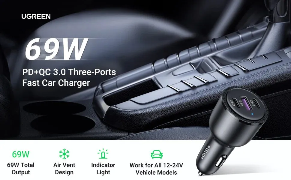 UGREEN 69W Car Charger QC3.0 Quick Charger Type-C Car Cigarette Lighter Adapter 20467