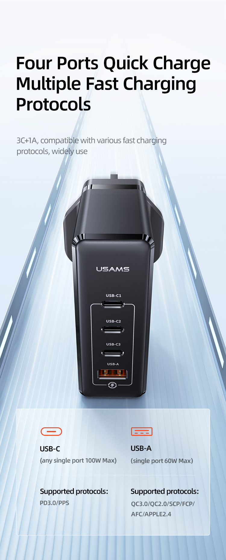 USAMS US-CC166 T51 100W 4 Ports GaN Fast Charger (UK)