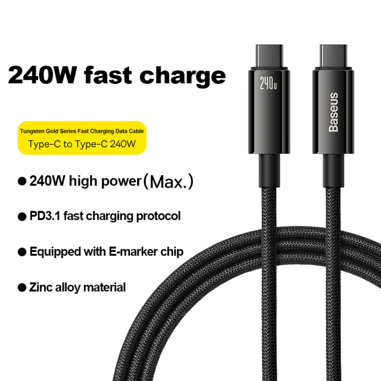 Baseus Tungsten Gold 240W Type-C to Type-C Fast Charging Data Cable-1m / 2m / 3m