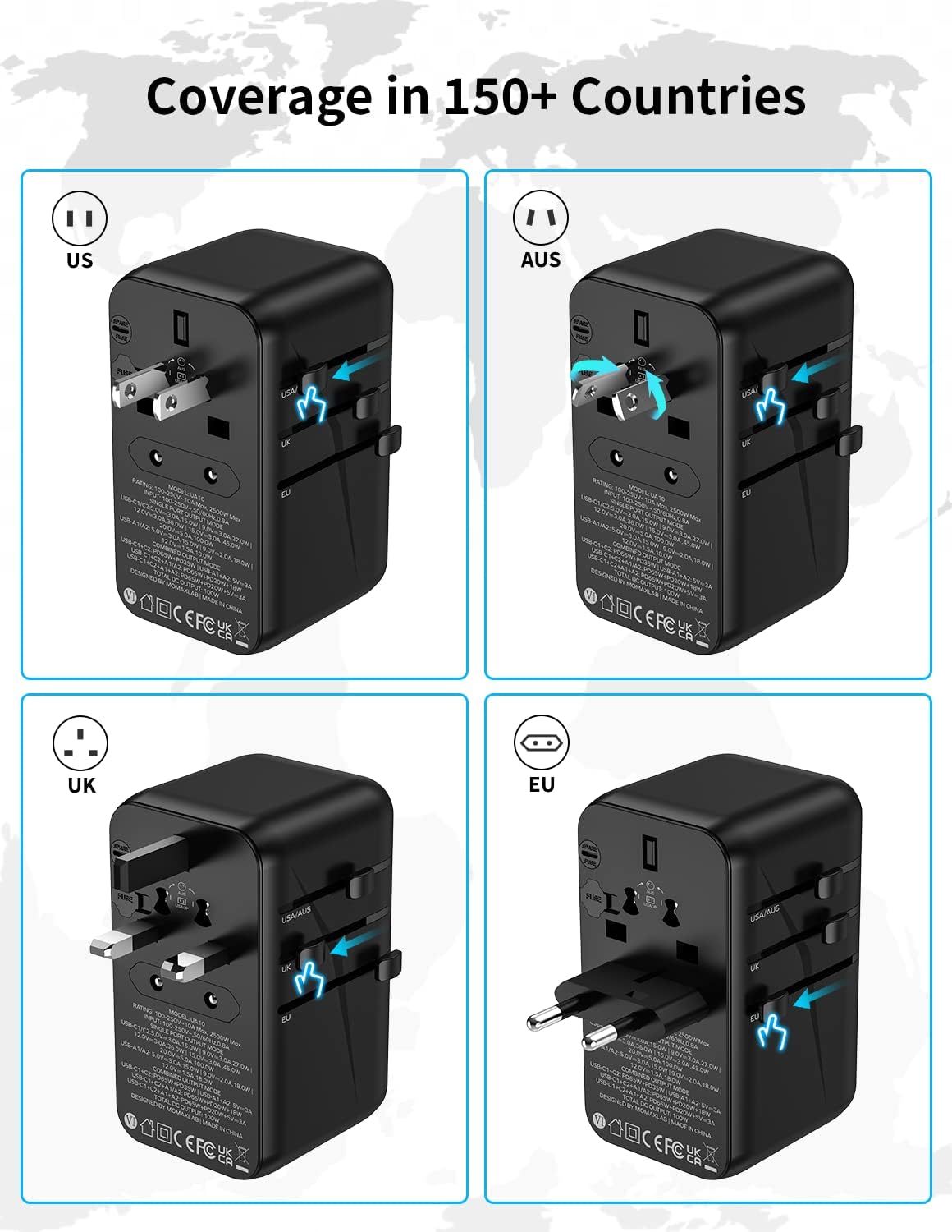 Momax 1-World UA10 100W GaN 4 ports + AC Travel Adapter