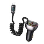 USAMS US-CC193 60W A+C Dual Port Car Charger with Digital Display 30W Lightning Spring Data Cable ( C37)