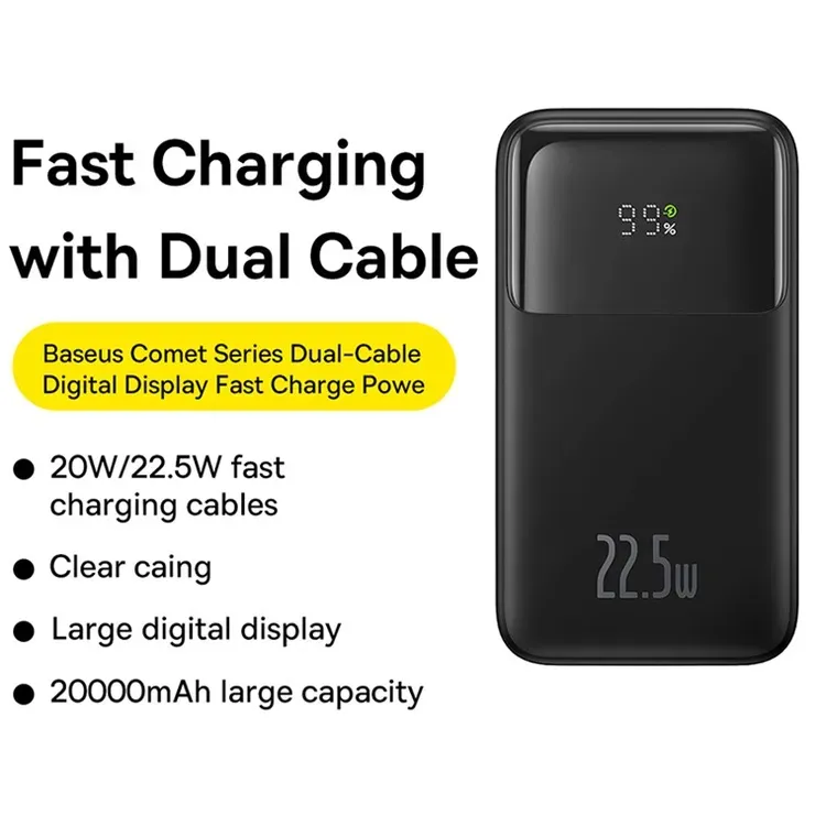 Baseus Comet Series 22.5W 20000mAh Dual Cable Digital Display Fast Charge Power Bank