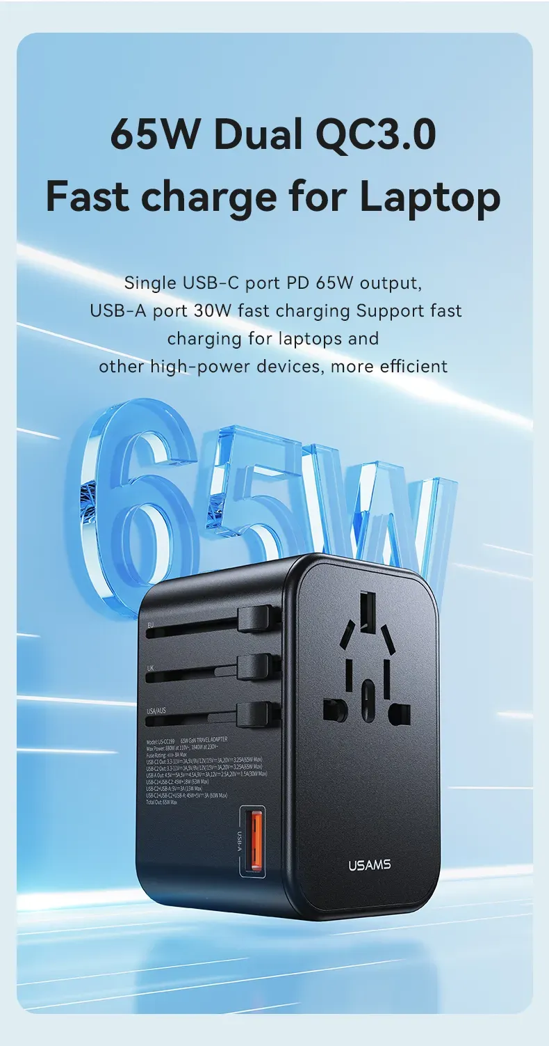 USAMS US-CC199 T62 65W Dual Type C USB Universal Travel Charger