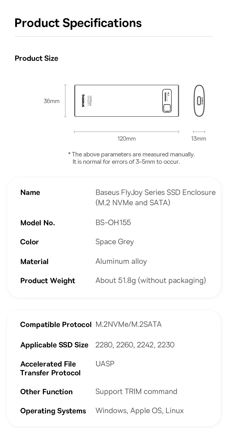 Baseus FlyJoy Series SSD Enclosure (M.2 NVMe and SATA)