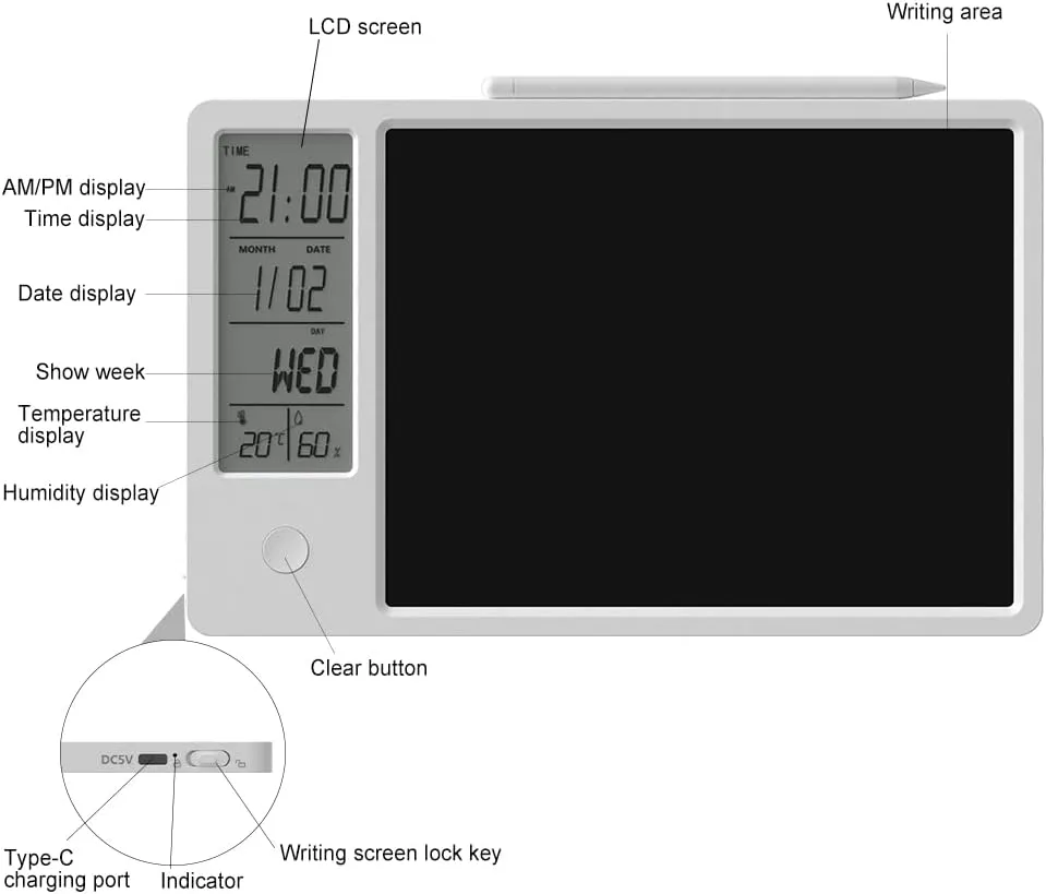 LCD Writing Tablet Electronic Desktop Calendar Clock Board 10 Inch with Week / Date / Year / Humidity / Temperature Display Function