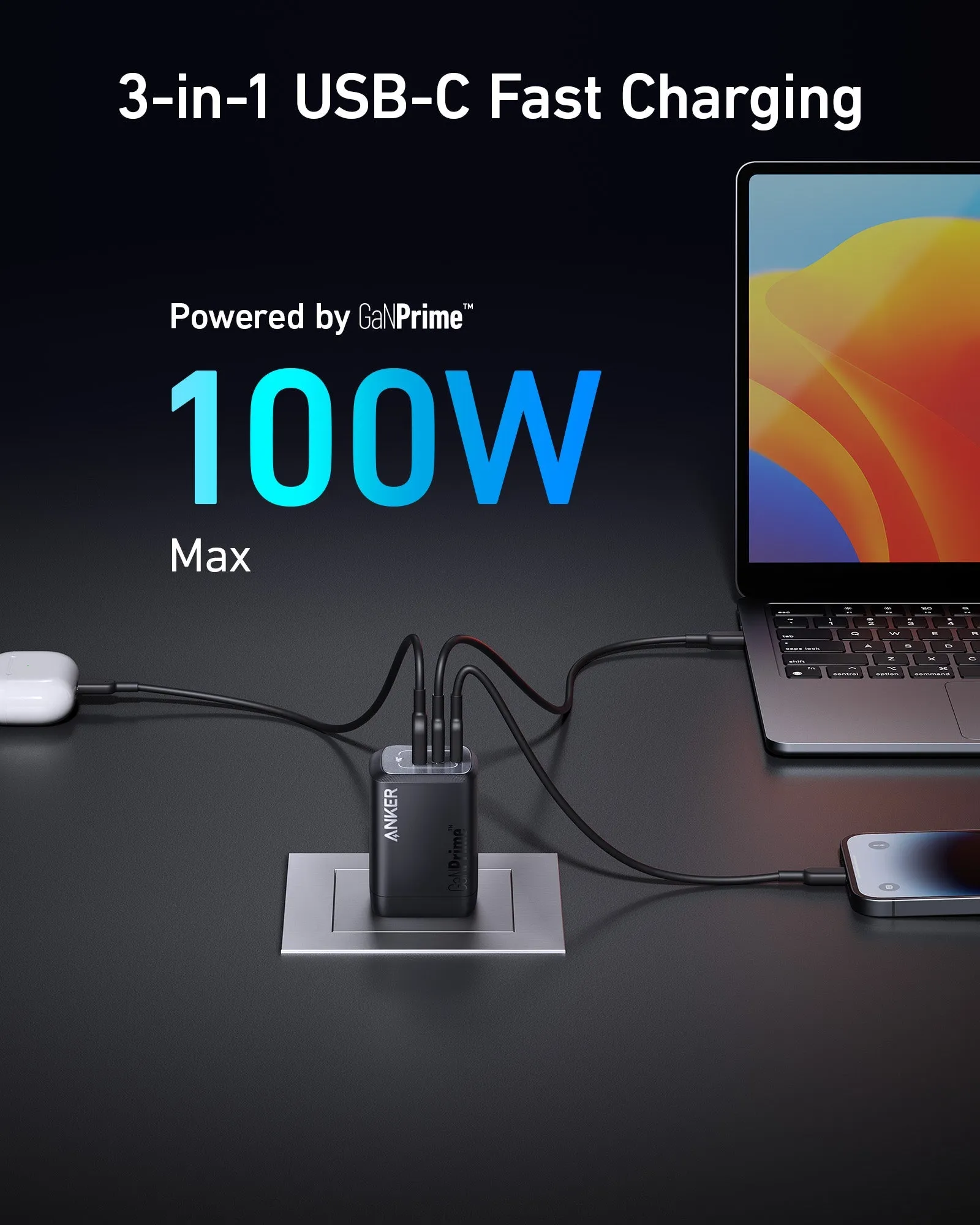 Anker Prime 100W GaN Wall Charger 3 Ports with 1.5M USB-C Cable