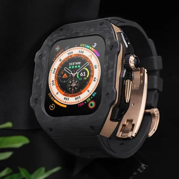 HUALIMEI Carbon Fiber Case with Butterfly Clip Stepped Cutout Band for Apple Watch 49mm