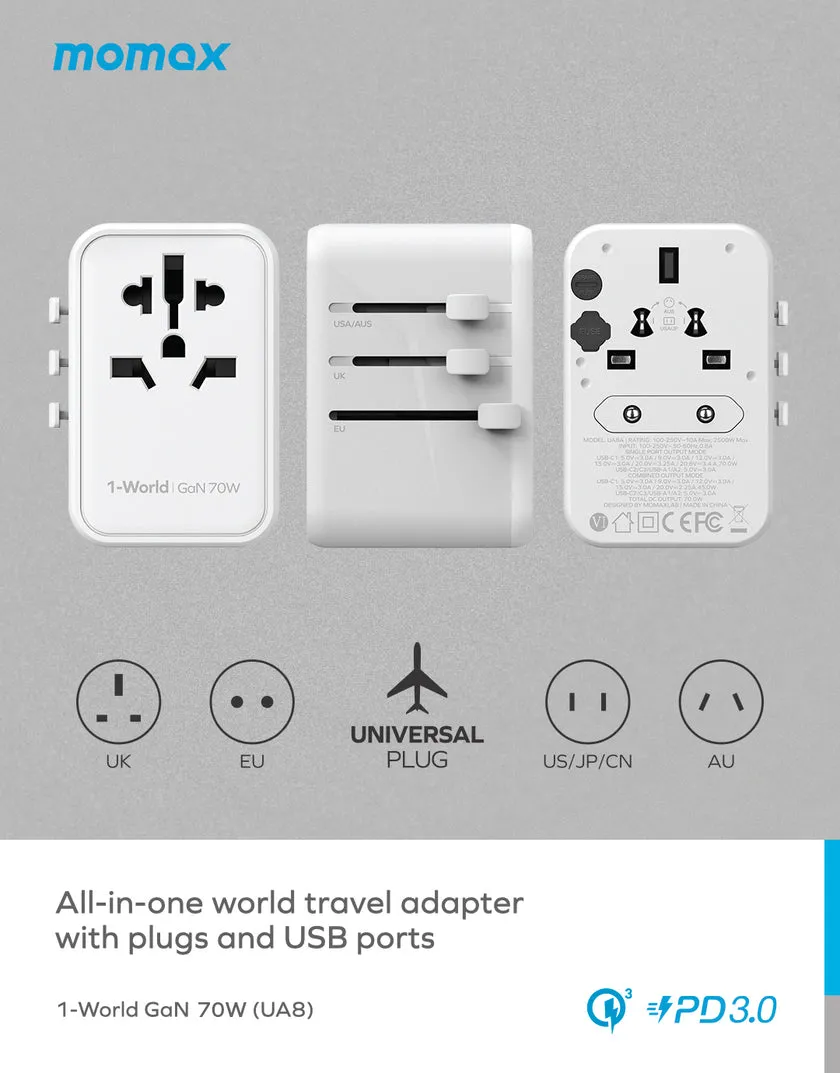 Momax 1-World 70W GaN 5 Ports Universal Travel Charger (UA8A)