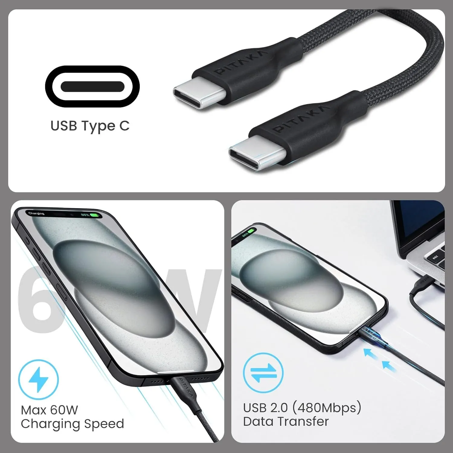 Pitaka 60W Flex Braided USB-C to USB-C Fast Charging Cable -4ft