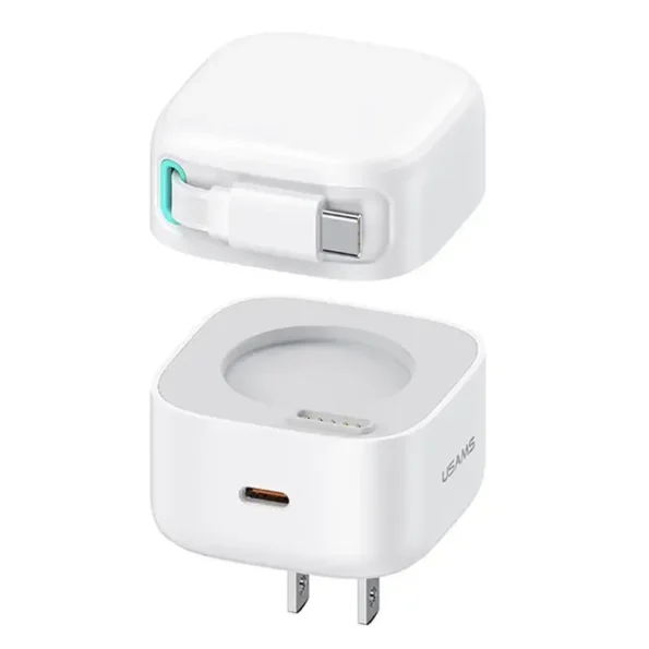 USAMS US-CC203 XMF Series PD 35W Dual Output GaN Fast Charger with Type-C Magnetic Retractable Cable Module US Plug - White