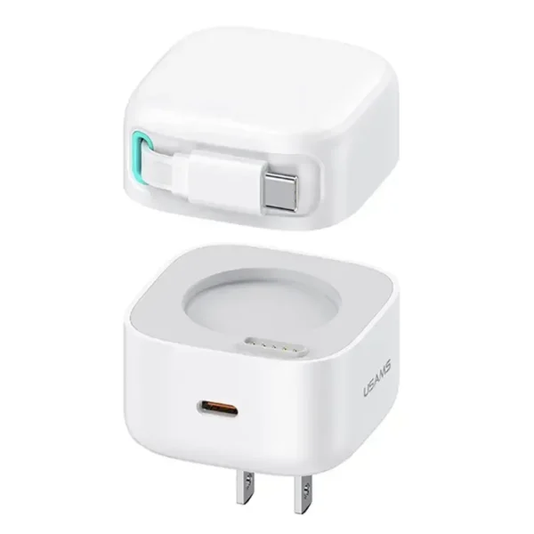 USAMS US-CC203 XMF Series PD 35W Dual Output GaN Fast Charger with Type-C Magnetic Retractable Cable Module US Plug – White Charger