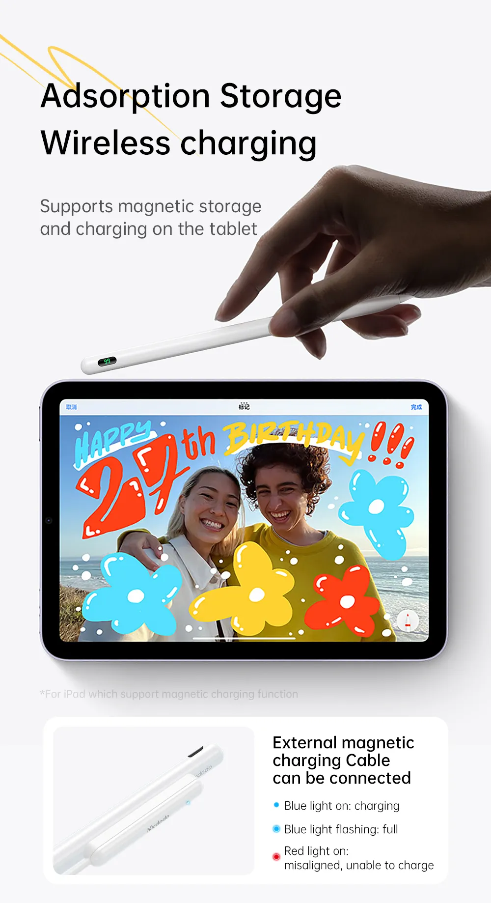 Mcdodo PN-8922 Stylus Pen Palm Rejection/ Tilt Functions Touch Screen Pen 7hrs Magnetic Charging Stylus Pen