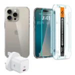 Spigen iPhone 15 Pro Max Bundle Pack Crystal Flex Clear Case + Screen Protector + Spigen 27W Charger Arrival Cover & Protector