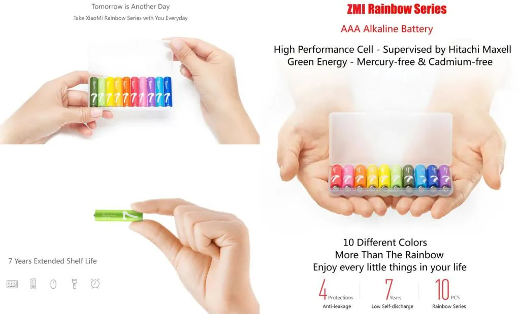 Xiaomi ZMI Zi7 Alkaline Battery AAA LR03 1.5V Rainbow 10pcs Pack