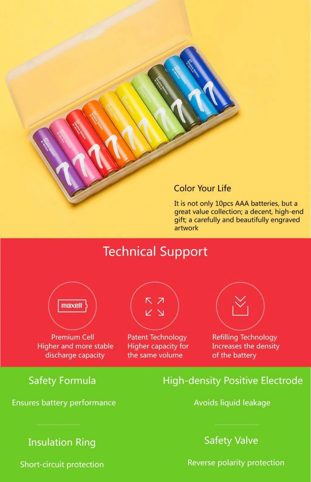 Xiaomi ZMI Zi7 Alkaline Battery AAA LR03 1.5V Rainbow 10pcs Pack