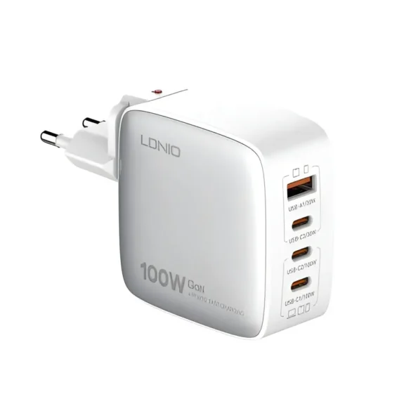 Ldnio Q408 100W GaN Super Fast Charger 1 USB 3 Type-C Ports with Replaceable Plug (US / EU / UK)