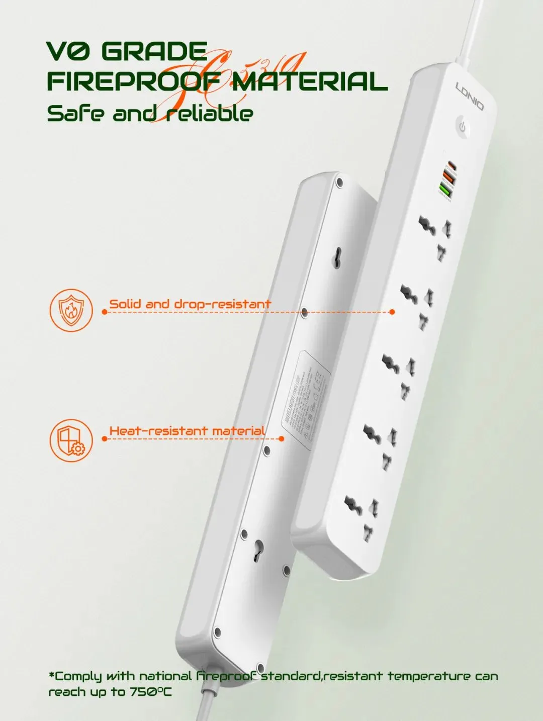 Ldnio SC5319 Power Strip 38W with 5 Sockets 3-Port USB Charger 2M Extension Cord