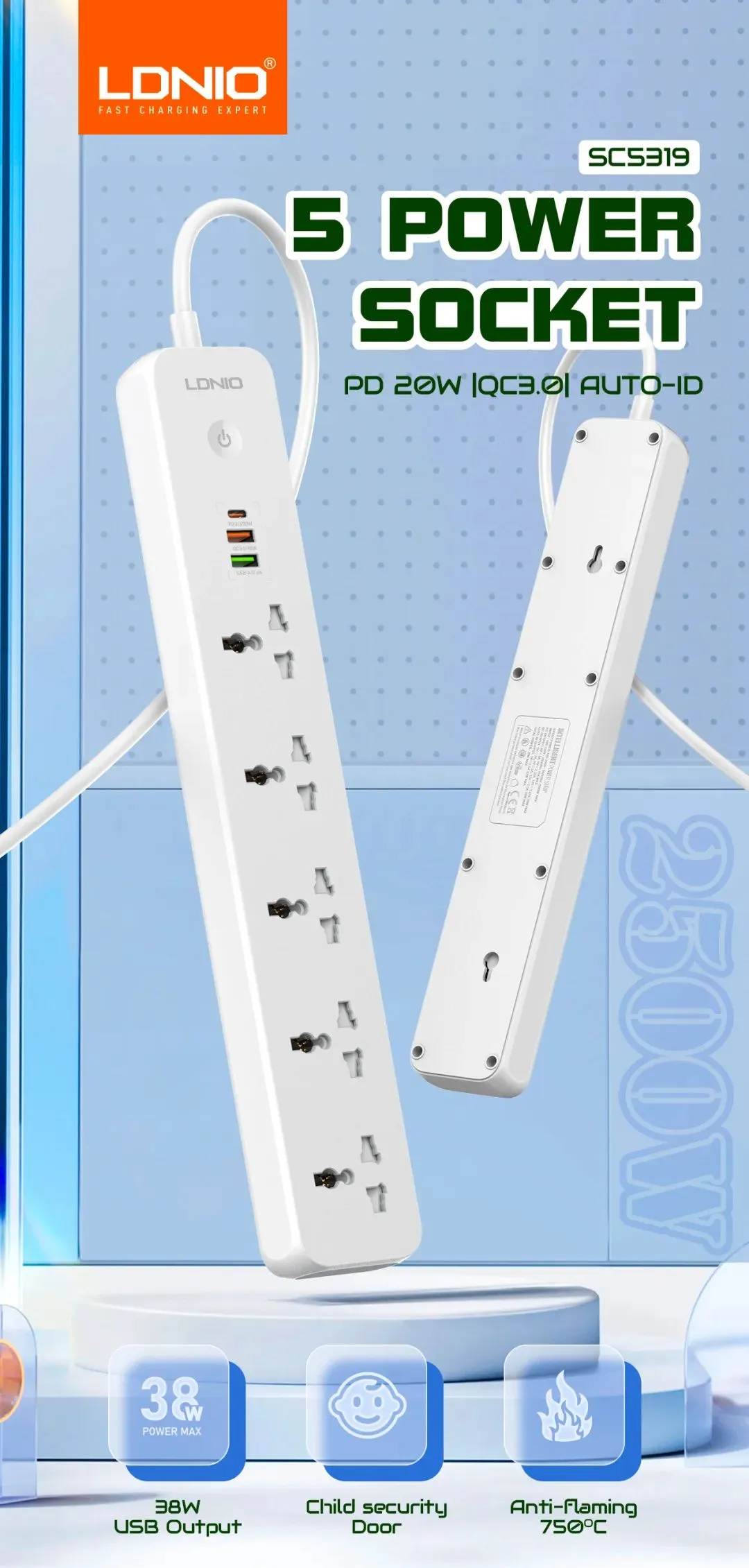 Ldnio SC5319 Power Strip 38W with 5 Sockets 3-Port USB Charger 2M Extension Cord