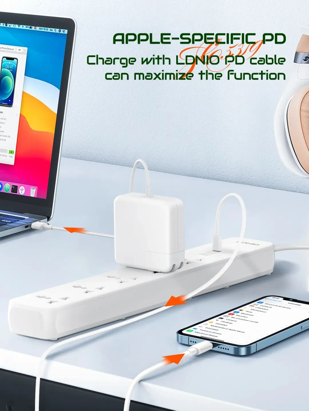 Ldnio SC5319 Power Strip 38W with 5 Sockets 3-Port USB Charger 2M Extension Cord