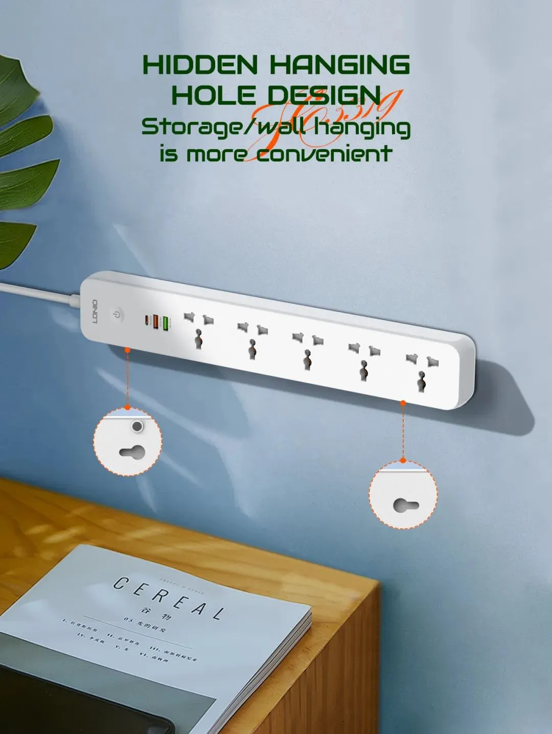 Ldnio SC5319 Power Strip 38W with 5 Sockets 3-Port USB Charger 2M Extension Cord