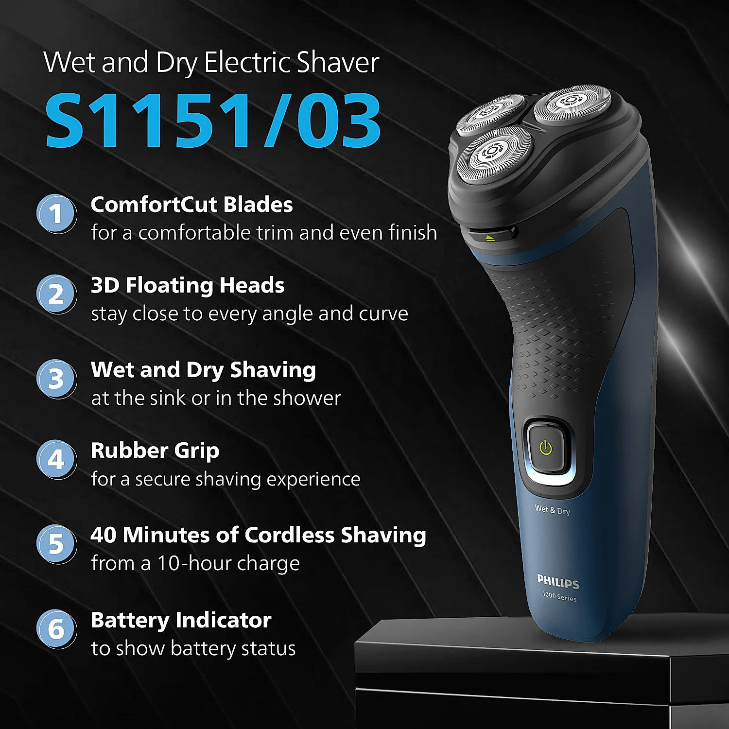 Philips S1151/03 Electric Shaver Wet and Dry Shave 27 Self Sharpening Blades Cordless Waterproof Shaver