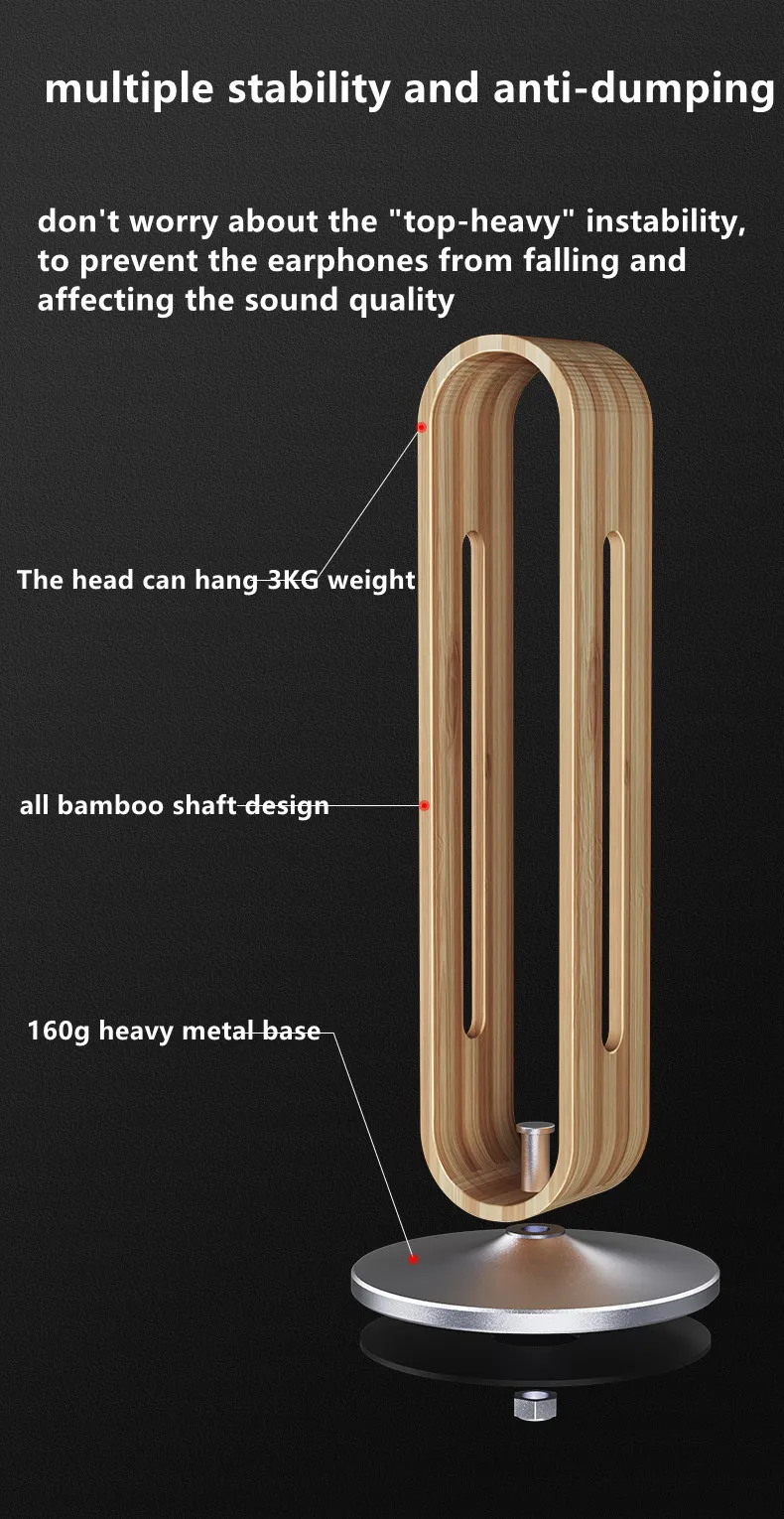 BONERUY P45 Headphone Vertical Stand Aluminum Alloy + Bamboo + Silicone Headset Holder