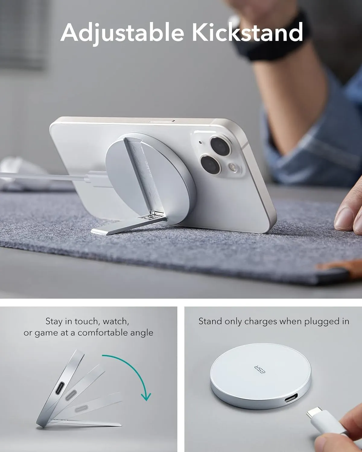 ESR HaloLock Kickstand Magnetic Wireless Charger for iPhone 15/14/13/12 Series -White