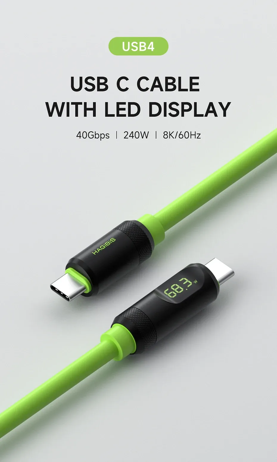 Hagibis 240W USB-C to USB-C Braided Cable 40Gbps USB 4 With LED Display -Green