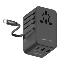 Momax UA18D 1-World+ 70W GaN 3Ports Travel Charger with Built-in USB-C Cable -65cm