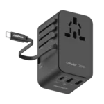 Momax UA18D 1-World+ 70W GaN 3Ports Travel Charger with Built-in USB-C Cable -65cm