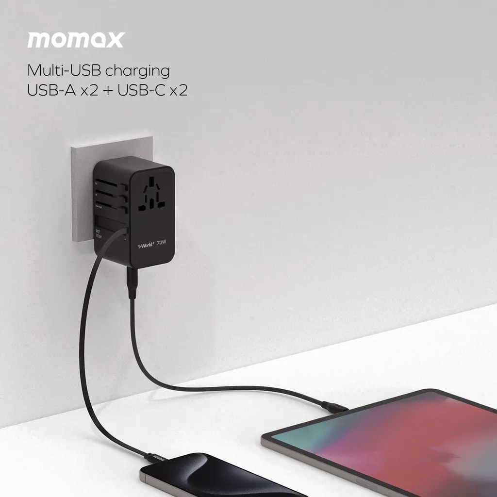 Momax UA18D 1-World+ 70W GaN 3Ports Travel Charger with Built-in USB-C Cable -65cm