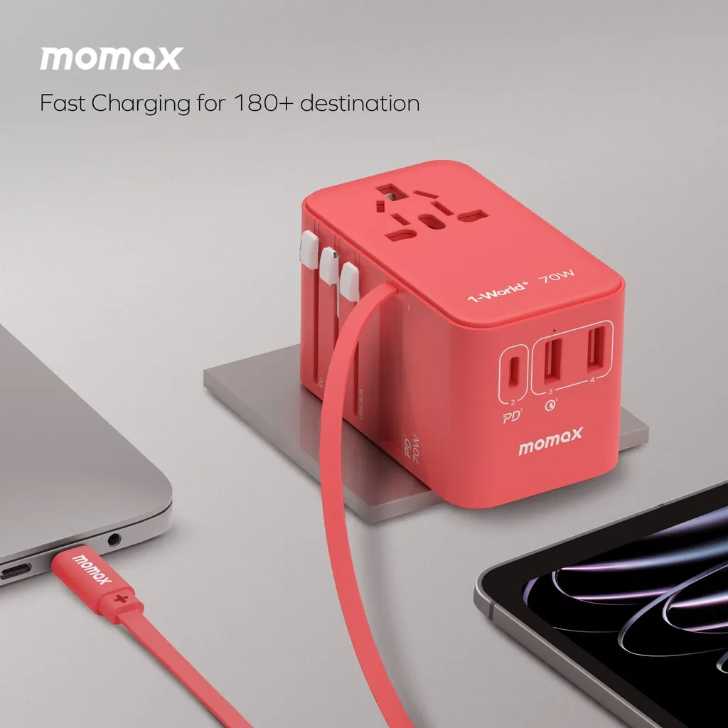 Momax UA18D 1-World+ 70W GaN 3Ports Travel Charger with Built-in USB-C Cable -65cm