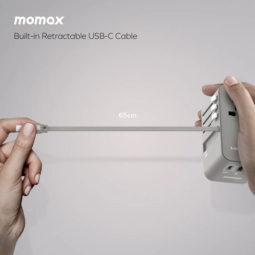 Momax UA18D 1-World+ 70W GaN 3Ports Travel Charger with Built-in USB-C Cable -65cm