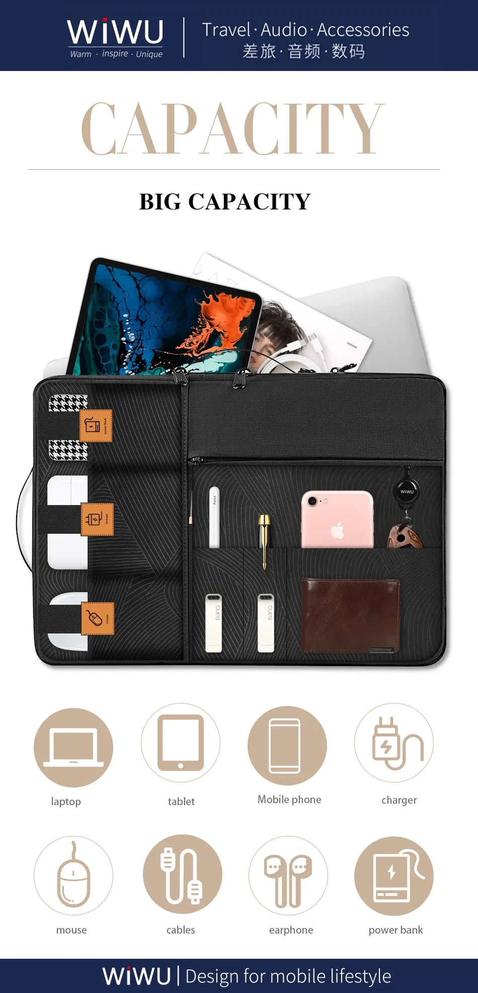 WiWU Alpha Double Layer Sleeve Waterproof Computer Compartment Handbag for 15.6 inch