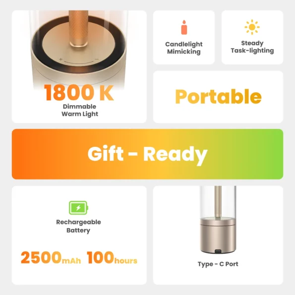 Yeelight Candela Lamp Rechargeable 1800K Dimmable Ambient Light 2500mAh Battery