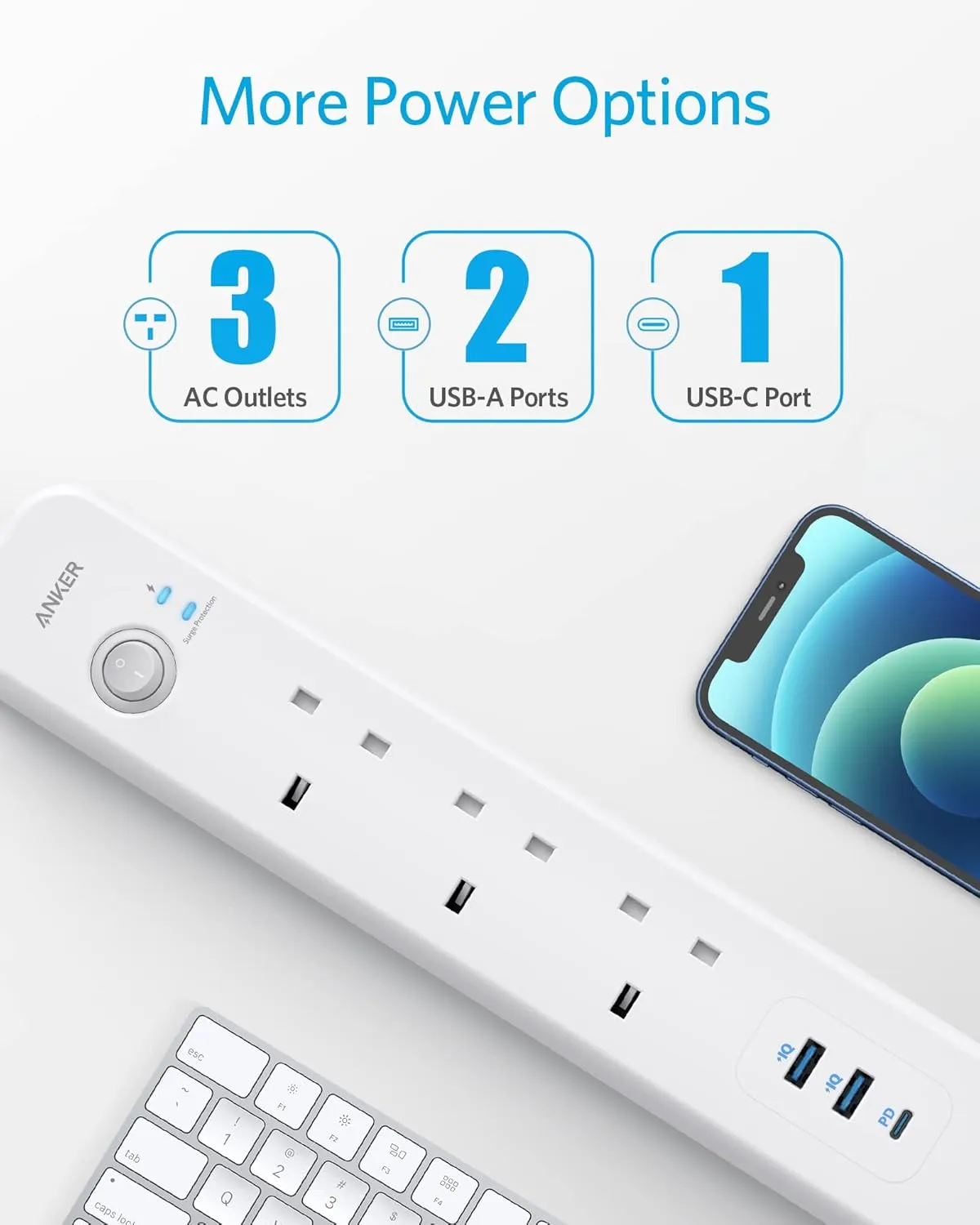 Anker 3 Way Extension 30W USB Power Strip -2m (A9136K21)