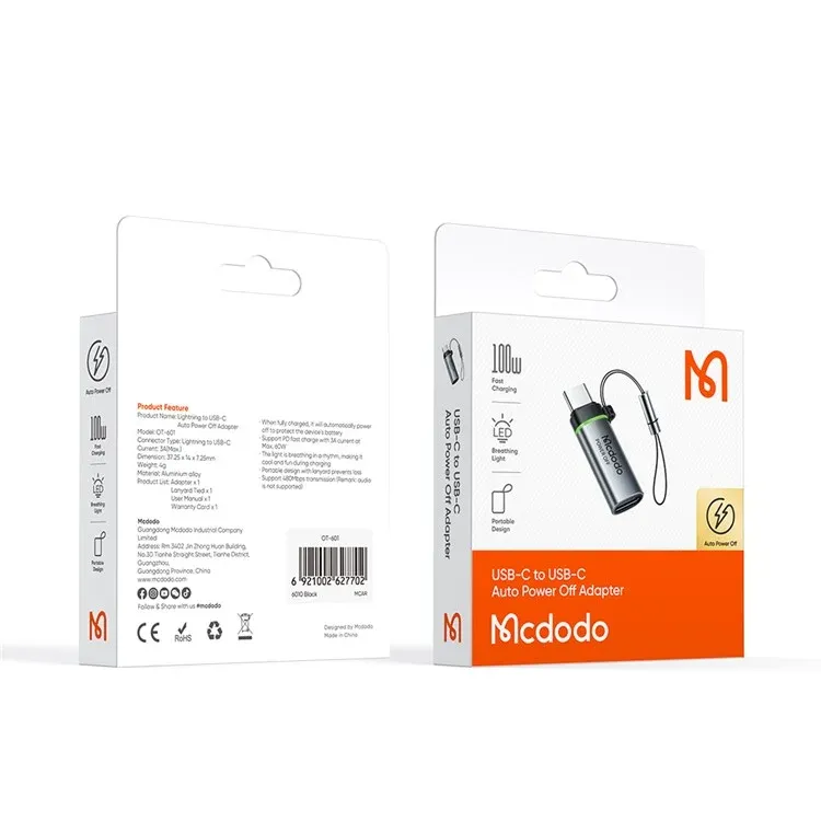 MCDODO OT-2450 USB-C to USB-C 100W Auto Paper Off Data Adapter with Lanyard