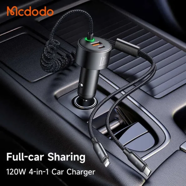 Mcdodo PD 120W 4-in-1 PPS Fast Car Charger with Retractable Cable 1.2M (CC-037)