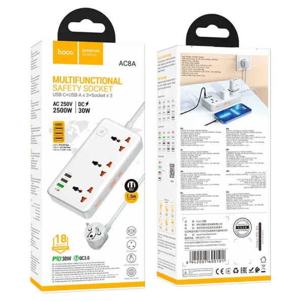 hoco AC8A Storm 3-position Socket Power Strip with PD30W+3USB Ports 1.5M (EU Plug)