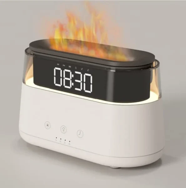 Elegant Alarm Clock Aroma Oil Diffuser Flame Humidifier with Timer Function Flame Night Light