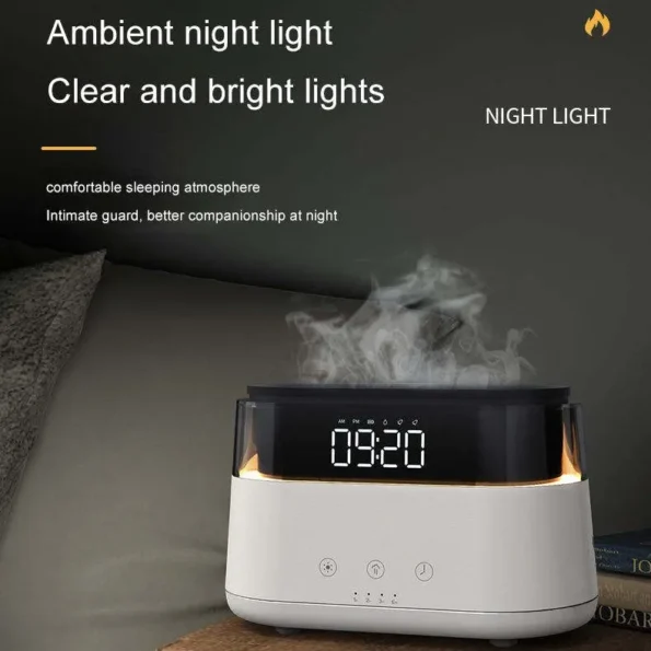 Elegant Alarm Clock Aroma Oil Diffuser Flame Humidifier with Timer Function Flame Night Light