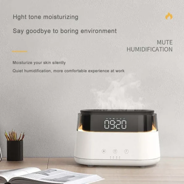 Elegant Alarm Clock Aroma Oil Diffuser Flame Humidifier with Timer Function Flame Night Light