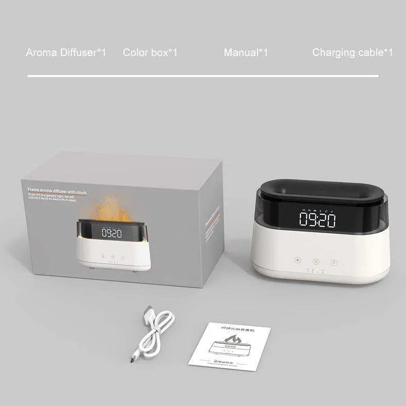 Elegant Alarm Clock Aroma Oil Diffuser Flame Humidifier with Timer Function Flame Night Light